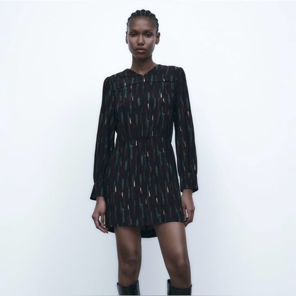 ZARA "Gabriela" Abstract Printed Long Sleeve Short Dress Medium NWT - Picture 1 of 10